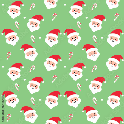 Christmas seamless pattern with Santa Claus face, candy cane and snowflakes on green background. Perfect for holiday wrapping paper, holiday fabric.