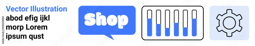 Blue and white banner with shopping icon, bar chart, and gear symbol. Ideal for e-commerce, analytics, online shopping, business management, and website optimization. Banner for landing page Blue and white banner with shopping icon, bar chart, and gear symbol. Ideal for e-commerce, analytics, online shopping, business management, and website optimization. Banner for landing page