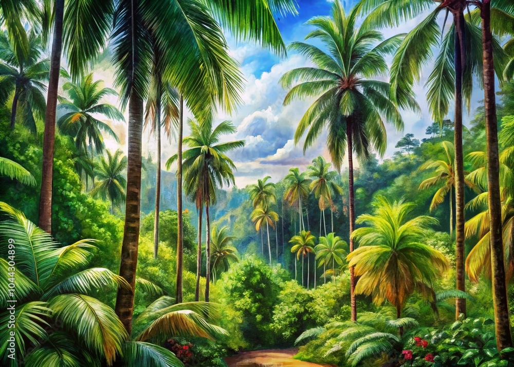 Obraz premium Tropical Forest Palm Trees Sketch - Lush Greenery, Nature Illustration for Eco-Friendly Designs