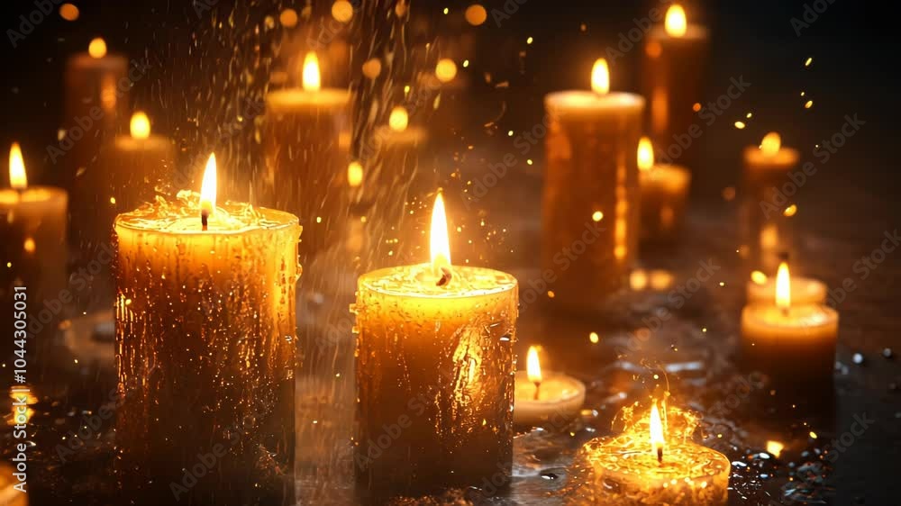 A serene display of glowing candles illuminating a dark space with warm, flickering light. A serene display of glowing candles illuminating a dark space with warm, flickering light.