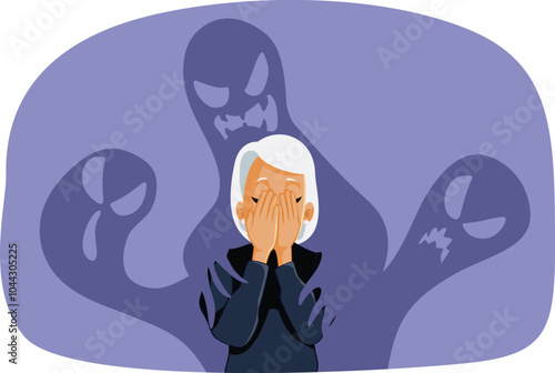 Anguished Senior Woman Having a Panic Attack Vector Illustration. Sad fearful being overwhelmed by fear and anxiety 
