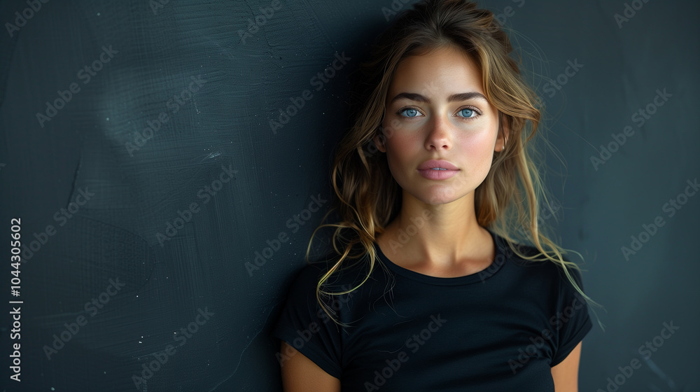 Dutch Fashion Model in Sleek Smart Outfit with LED Accents on Matte Black Background Dutch Fashion Model in Sleek Smart Outfit with LED Accents on Matte Black Background