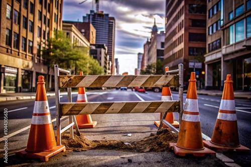 Urban Exploration: Orange Road Closed Barricade with Warning Sign and Cones for Safety Awareness