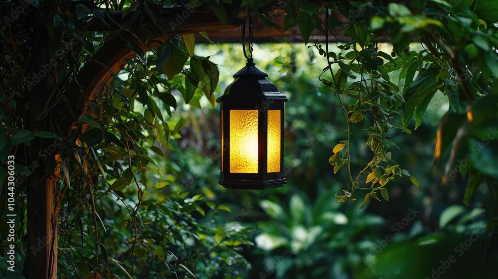 Charming Lantern Hanging from Pergola in Lush Garden Charming Lantern Hanging from Pergola in Lush Garden