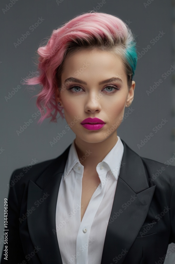 Studio portrait of person with pink-blue hair and bold makeup Studio portrait of person with pink-blue hair and bold makeup