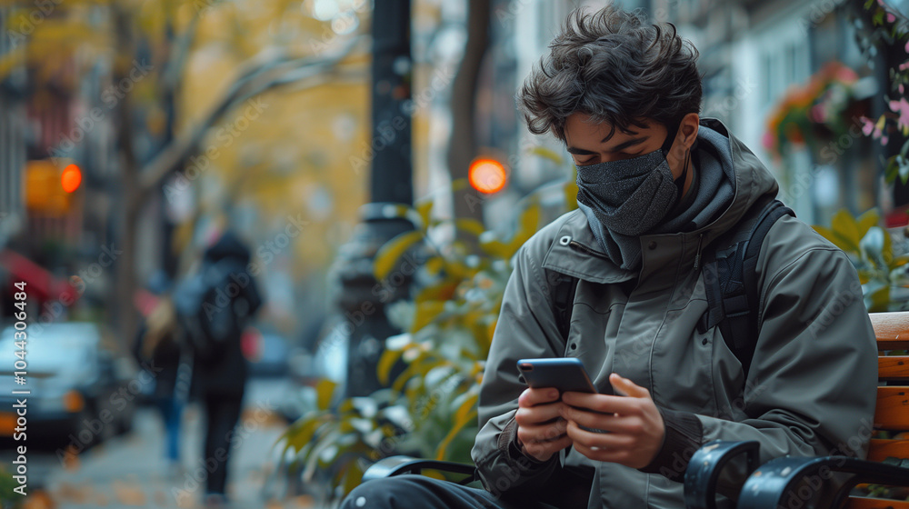Young Man in Smart Mask and Tech-Enhanced Clothing in Urban Park Setting Young Man in Smart Mask and Tech-Enhanced Clothing in Urban Park Setting