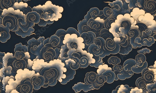 A pattern design based on a traditional Japanese cloud motif in a blue color , Generative AI