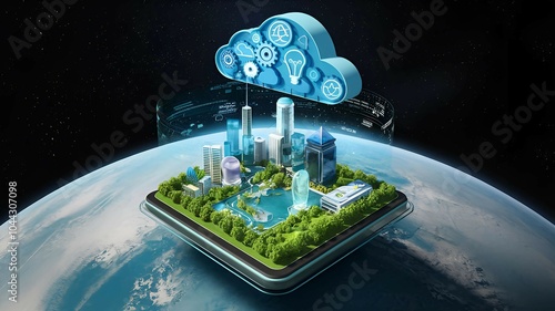 smart city floating in a digital cloud  advanced sustainable technology for global environmental improvement  