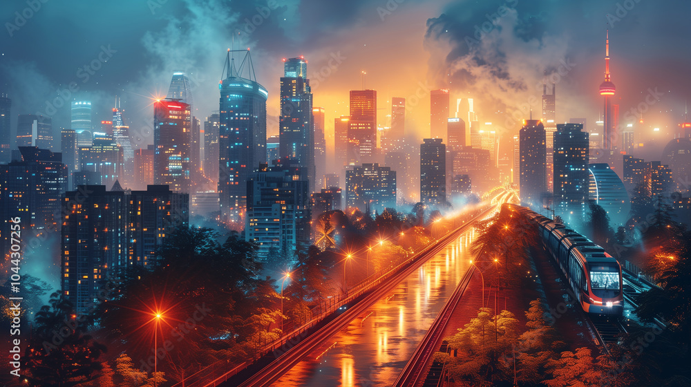 Panoramic View of Futuristic Smart City with Automated Transport and Eco-Friendly Buildings Panoramic View of Futuristic Smart City with Automated Transport and Eco-Friendly Buildings