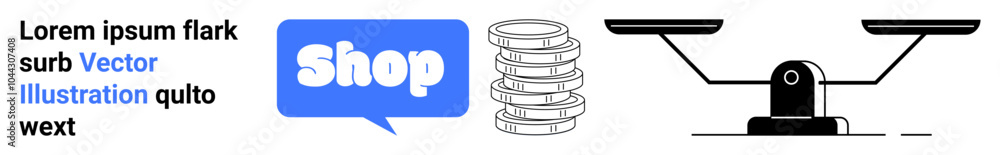Message bubble with shop text next to stacked coins and balance scale. Ideal for e-commerce, financial management, balance, online shopping, retail economics. Banner for landing page Message bubble with shop text next to stacked coins and balance scale. Ideal for e-commerce, financial management, balance, online shopping, retail economics. Banner for landing page