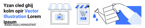 Storefront with a shopping bag, mobile device with a shopping cart, and a hand holding a delivered package. Ideal for online shopping, e-commerce, digital marketing, mobile apps, and website design