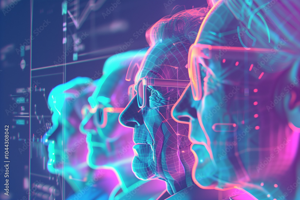 Futuristic holographic Elderly man artificial intelligence with Neural network. Cyberpunk metaverse. Technology to analyze automated digital data illustration. Futuristic holographic Elderly man artificial intelligence with Neural network. Cyberpunk metaverse. Technology to analyze automated digital data illustration.