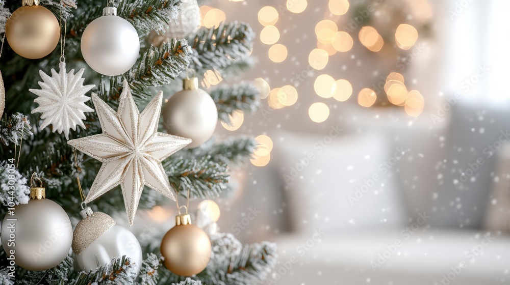 Fototapeta premium A beautifully decorated Christmas tree adorned with sparkling ornaments, a star, and a soft bokeh background, evoking a warm, festive atmosphere.