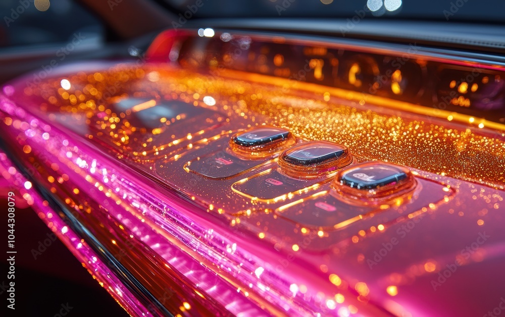 Gleaming Pink and Gold: A Luxurious Car Dashboard's Dazzling Detail. Illuminated buttons, shimmering surface. Gleaming Pink and Gold: A Luxurious Car Dashboard's Dazzling Detail. Illuminated buttons, shimmering surface.