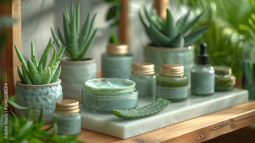 Modern Studio Setup with Fresh Aloe Vera Plants and Skincare Products