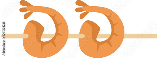 Two grilled shrimps on a wooden skewer isolated on a white background