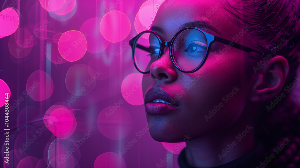 Confident Female Model Against Futuristic AI Tech Background in Deep Purple Confident Female Model Against Futuristic AI Tech Background in Deep Purple