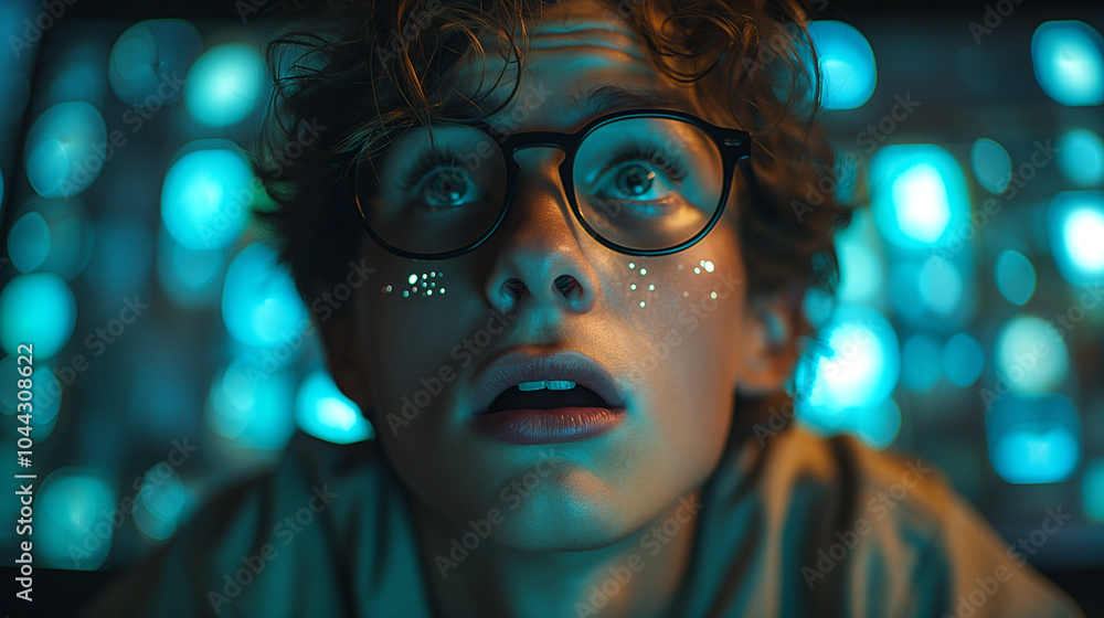 Surprised Male Model Against Dynamic Neon Green Smart AI Tech Background Surprised Male Model Against Dynamic Neon Green Smart AI Tech Background