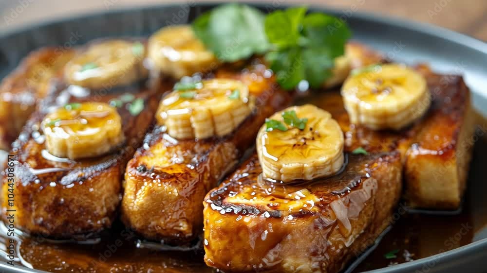 Deliciously caramelized French toast topped with banana slices and syrup. Deliciously caramelized French toast topped with banana slices and syrup.