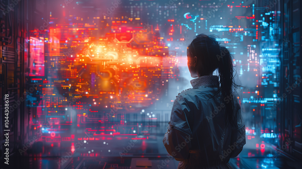 Futuristic Studio Featuring Model Interacting with High-Tech Gadgets Against Colorful Abstract Backdrop Futuristic Studio Featuring Model Interacting with High-Tech Gadgets Against Colorful Abstract Backdrop