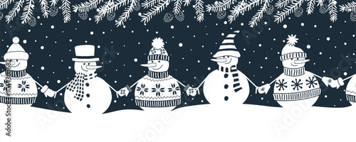 Snowmen Holding Hands. Winter Seamless Border. Christmas Background. Different Snowmen in Winter Clothes Under Fir Branches with Cones. Greeting Card Template. Vector illustration in Dark Blue, White