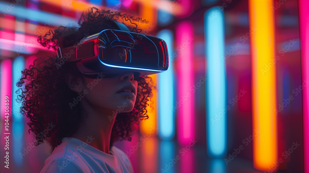 Model Immersed in Colorful Abstract VR Environment Model Immersed in Colorful Abstract VR Environment