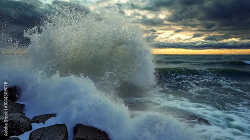 A large wave crashes against the rocks at sunset, creating a beautiful spray of water