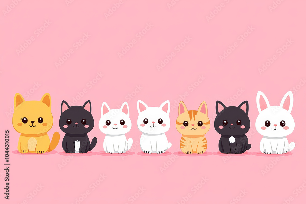 Naklejka premium Cute cartoon animals featuring lineup of adorable kittens and bunny on pink background, perfect for childrens illustrations or playful designs