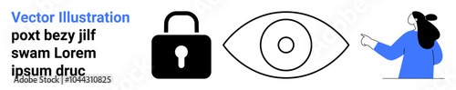 Lock symbol represents security, the eye signifies surveillance, and a person pointing highlights user attention. Ideal for cybersecurity, privacy, surveillance, technology, and online safety. Banner