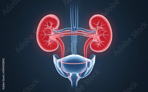 3D illustration of the human kidneys and bladder, with blood vessels.