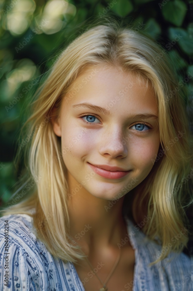 Portrait of young blonde woman with neutral smile and blue eyes Portrait of young blonde woman with neutral smile and blue eyes