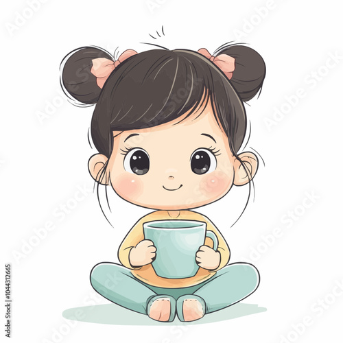 Cute little girl with pigtails sitting on the floor and holding a cup of tea.