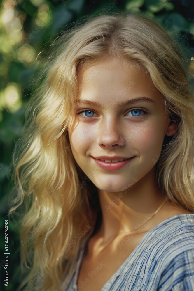 Blonde woman with wavy hair smiling softly in outdoor natural setting Blonde woman with wavy hair smiling softly in outdoor natural setting