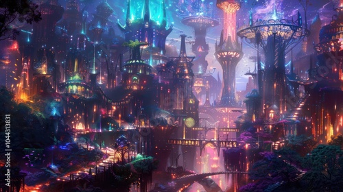 Fantasy Cityscape with Vibrant Lights