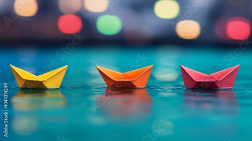 Colorful Paper Boats on Calm Water Surface