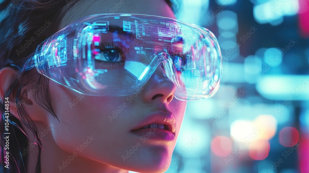 A close-up of a person wearing futuristic glasses with a vibrant, digital background. A close-up of a person wearing futuristic glasses with a vibrant, digital background.