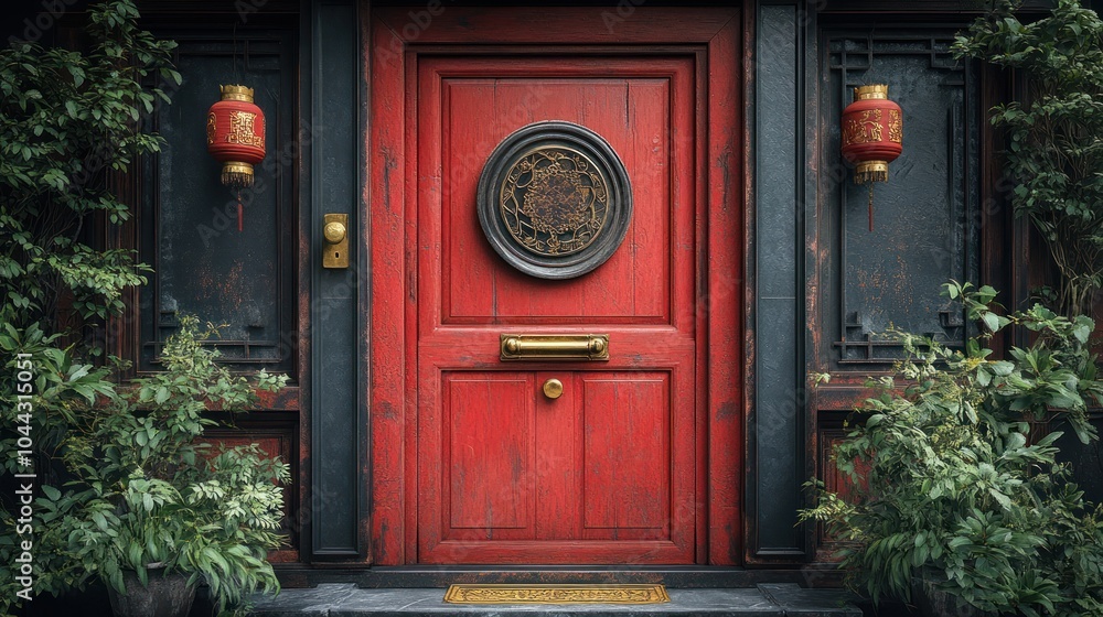 Obraz premium A Bagua mirror hanging above a red Chinese front door with a brass knocker.