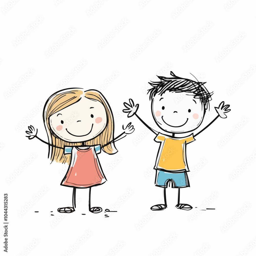 Happy cartoon girl and boy are standing with their arms raised in the air, both smiling and looking very happy. Happy cartoon girl and boy are standing with their arms raised in the air, both smiling and looking very happy.