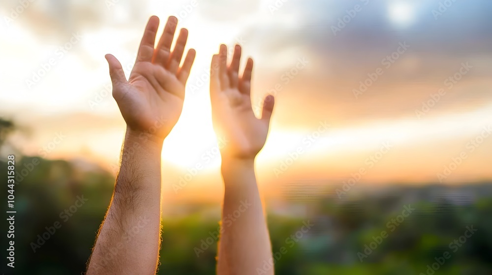 Silhouetted Crossed Hands Raised High in a Powerful Pose Against a Dramatic Backdrop of Fiery Orange and Purple Sunset Sky Silhouetted Crossed Hands Raised High in a Powerful Pose Against a Dramatic Backdrop of Fiery Orange and Purple Sunset Sky