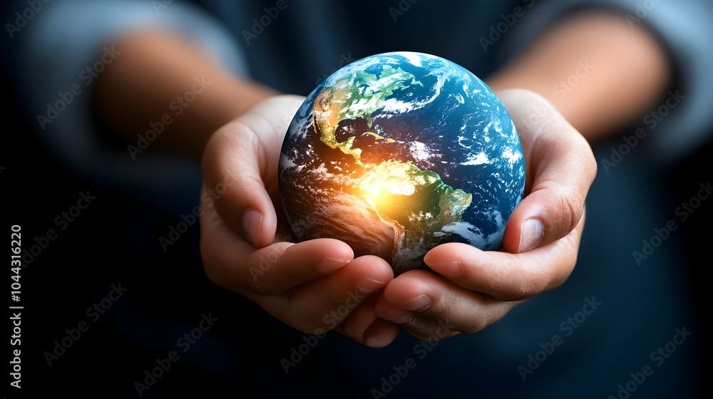 Hands gently holding a glowing Earth radiating soft light into the darkness representing the protection and preservation of our planet and environment Hands gently holding a glowing Earth radiating soft light into the darkness representing the protection and preservation of our planet and environment