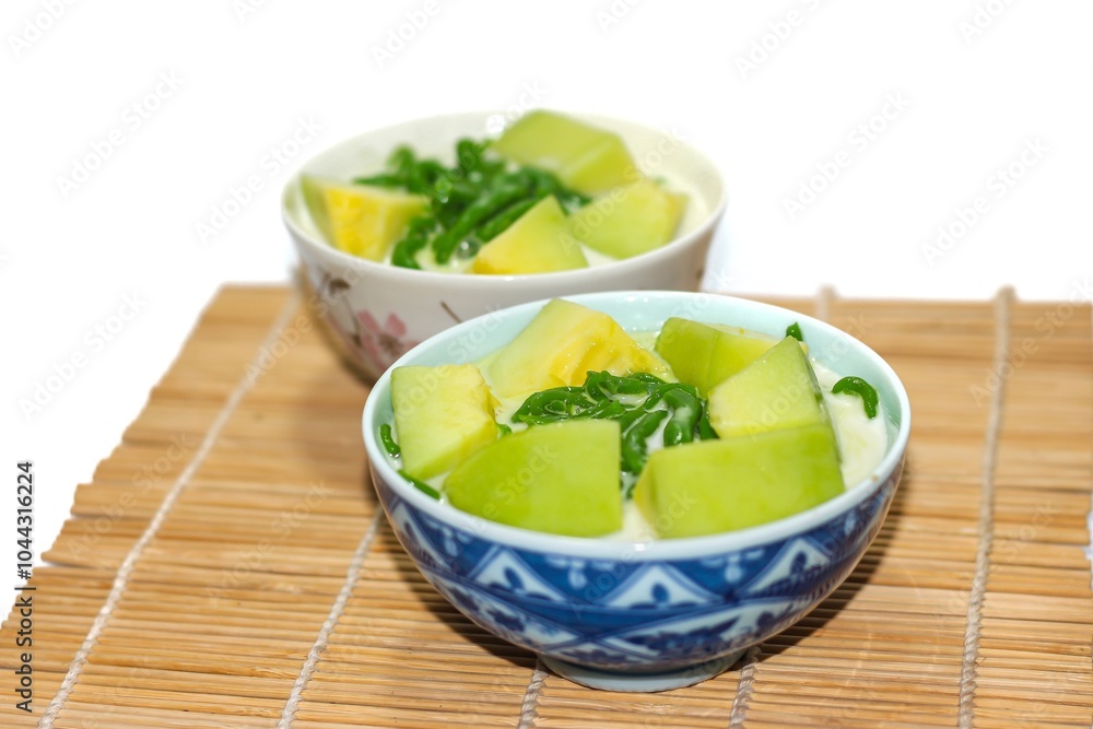 Pictures of Thailand dessert with Lod Chong and serving with melon for topping. Pictures of Thailand dessert with Lod Chong and serving with melon for topping.