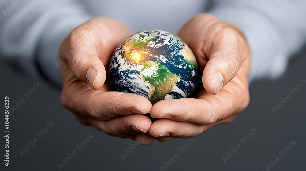 Hands gently holding a luminescent Earth globe Hands gently holding a luminescent Earth globe