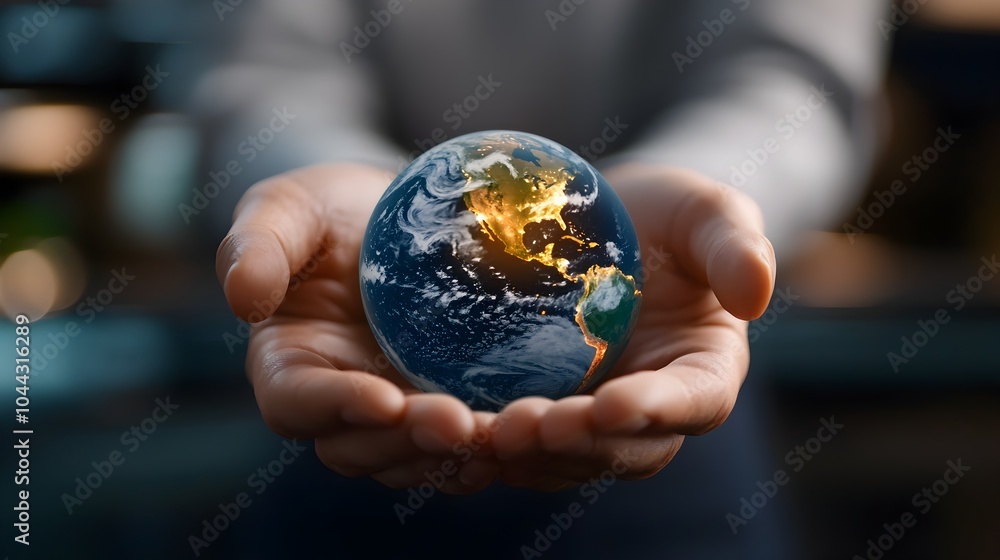 Fototapeta premium Glowing Earth Cradled in Hands Symbolizing Global Unity Environmental Stewardship and a Brighter Future for Humanity