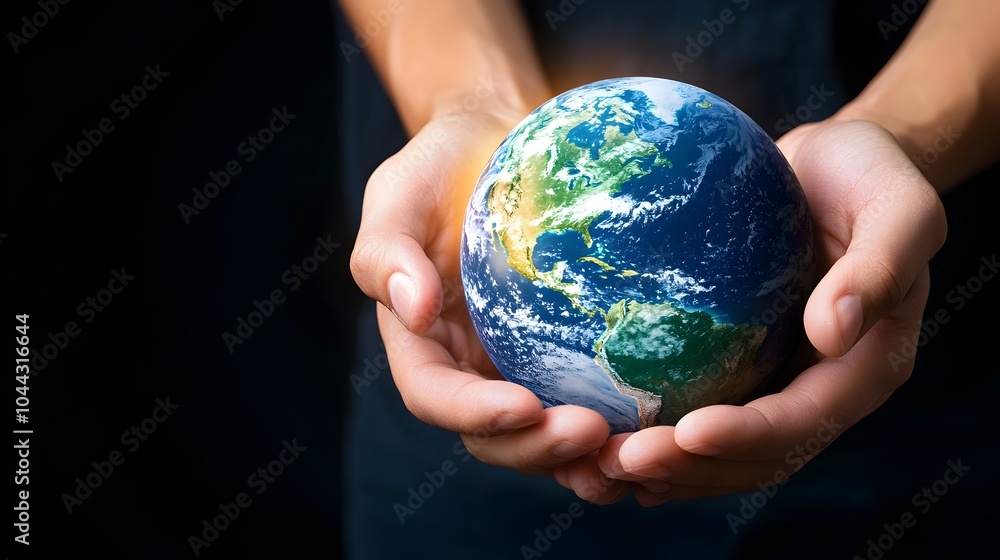 Cupped hands gently holding a glowing softly shining globe of the Earth representing the concept of caring for the environment and promoting global unity and for a sustainable future Cupped hands gently holding a glowing softly shining globe of the Earth representing the concept of caring for the environment and promoting global unity and for a sustainable future