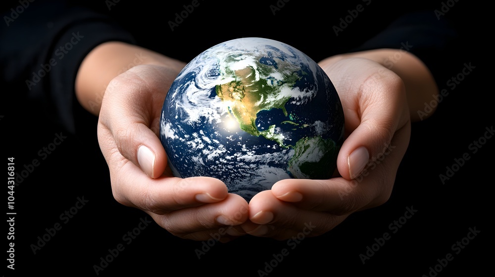 Glowing Earth orb cradled in hands casting soft light into the surrounding darkness symbolizing hope responsibility and humanity s commitment to a sustainable future for our planet Glowing Earth orb cradled in hands casting soft light into the surrounding darkness symbolizing hope responsibility and humanity s commitment to a sustainable future for our planet