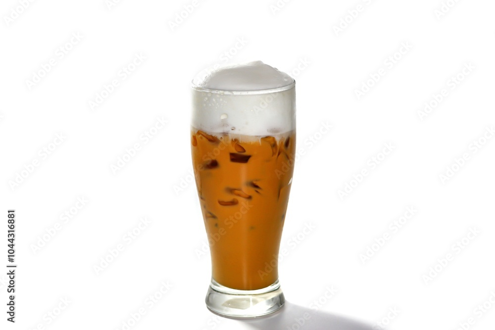 Latte ice coffee serving on sack and coffee beans spread on glass,white background and isolate style. Latte ice coffee serving on sack and coffee beans spread on glass,white background and isolate style.