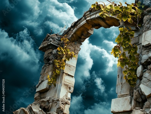 A weathered stone arch covered in greenery under a dramatic sky, evoking a sense of history and nature’s reclamation. photo