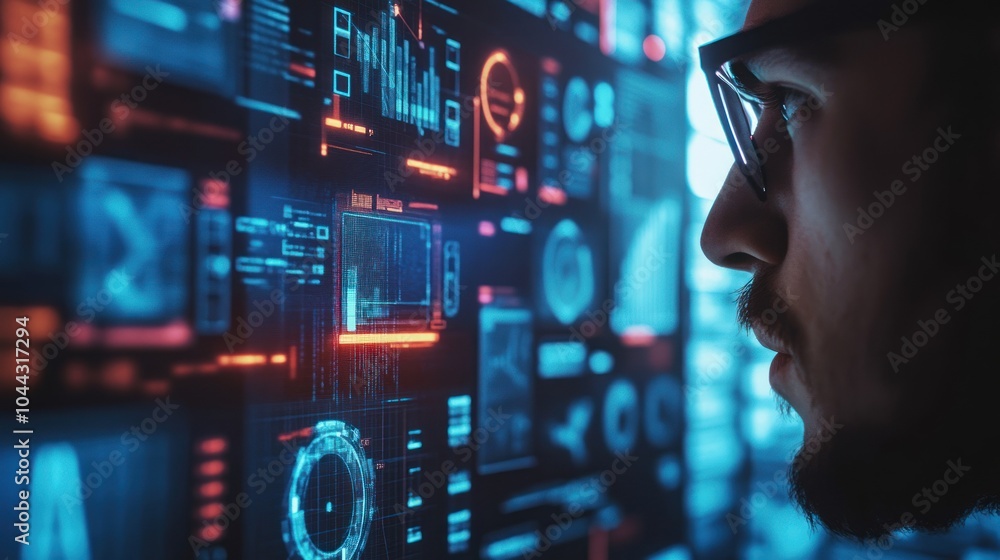 A person analyzing digital data on a futuristic interface. A person analyzing digital data on a futuristic interface.