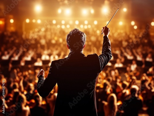 A conductor leads an orchestra in front of a captivated audience, illuminated by warm stage lights