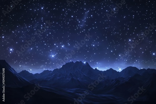 Starry night sky above mountain range with glowing horizon